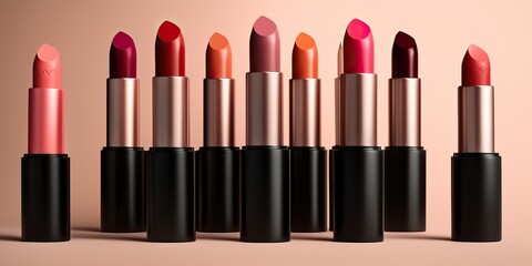 Obraz premium Lipsticks in different shades ideal for cosmetics backgrounds, generative ai