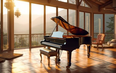 Luxury grand piano in room with panoramic windows