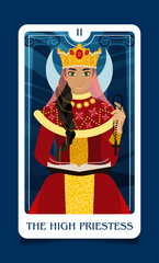 The card of the senior arcana is a The High Priestess. Occult esoteric spiritual Tarot. Numerology and fortune telling. Design flat vector illustrations