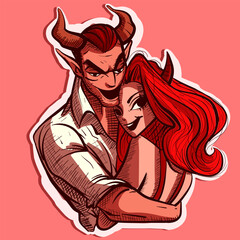 Naklejka premium Digital art of two demons hugging and holding each other. Vector of a demon couple with horns, valentine's day concept.