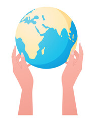 Two human hands holding a globe. The concept of saving the planet Earth and nature conservation. Vector isolated flat illustration.