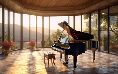 Luxury a black grand piano in light room with a panoramic windows