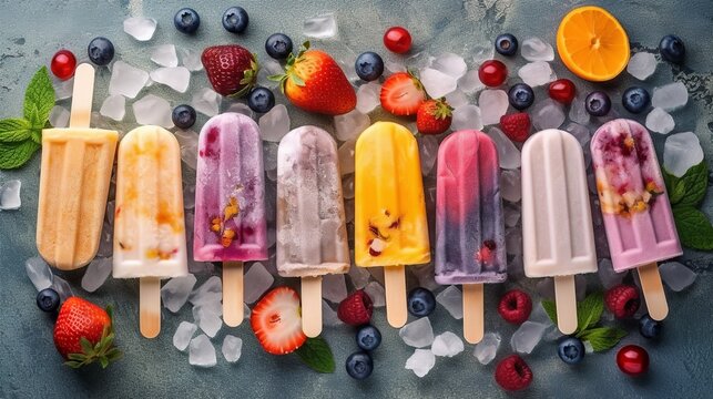 Ice cream popsicles with fruit and berries on pastel background. Generative AI