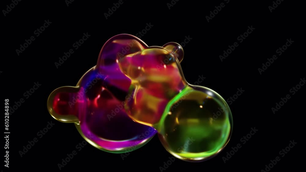 Poster liquid blobs are transformed using a metaball animation. black background with 3d abstract multicolo