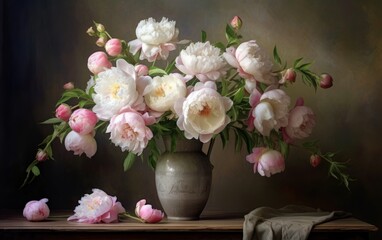 The beautiful bouqites peony in the vase on table, vintage style