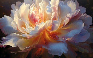 Detailed white peony petals close-up, peony background