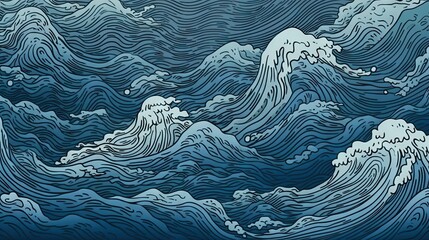 Japanese traditional Ukiyo-e blue and white ocean with big waves Abstract, Elegant and Modern AI-generated illustration