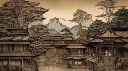 Japanese traditional Ukiyo-e Abstract Elegant Modern AI-generated illustration of a rural lord's mansion in the mountains, Asia
