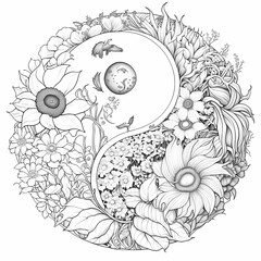 Coloring yin yang symbol with flowers