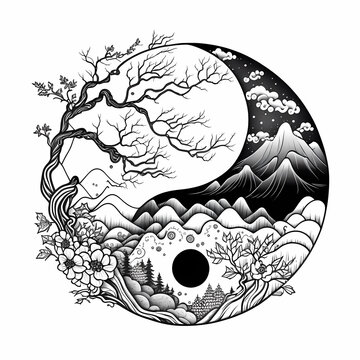 Black and white yin yang symbol decorated with landscape