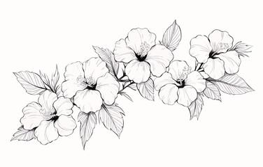 Botanical drawing. Minimal plant logo, meadow greenery, leaf and blooming flower abstract sketch element collection, linear rustic branch. Vector hand drawn wedding invitation bouquet decoration set