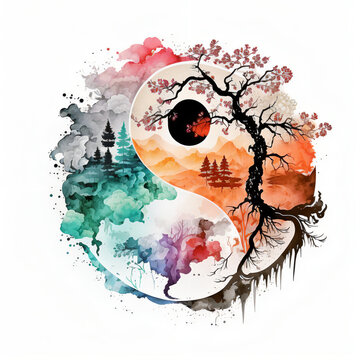 Nature landscape and tree in watercolors within the yin yang symbol, orange, green, purple