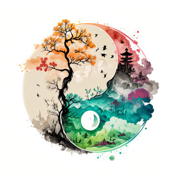Nature landscape and tree in watercolors within the yin yang symbol