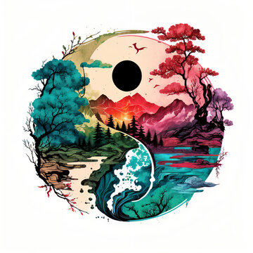 Nature landscape in water colors within the yin yang symbol