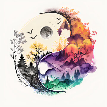 Mountain landscape in watercolors within the yin-yang symbol