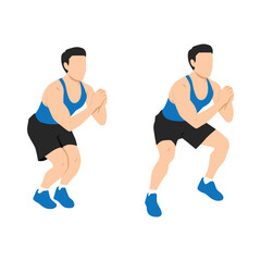 Man doing squat jacks or side sumo walks exercise. Flat vector illustration isolated on white background