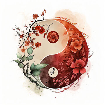 Yin yang symbol decorated with flowers, green and red colours