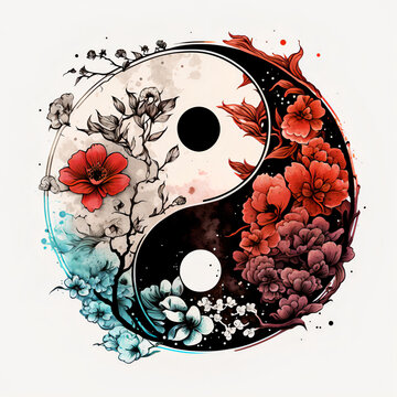Yin yang symbol decorated with flowers, black, white light blue and red