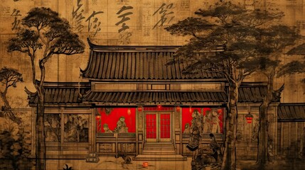 Japanese traditional Ukiyoe Chinese-style red and brown ancient mansion Abstract Elegant Modern AI-generated illustration