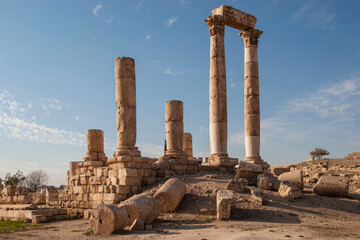 Jordanian capital - Amman, Historical center.  Temple of Hercules is only surviving Roman structure. Built in 161 - 166 AD. Dilapidated Citadel on one of  hills.Jordan.