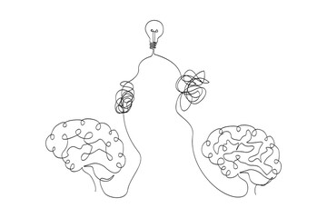 simple vector sketch human brain and bulb lamp idea, single one line art, continuous