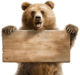 Smiling brown bear holding a blank sign, no background/transparent background