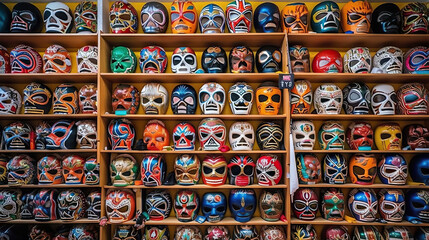 Colorful Lucha Libre wrestling mass on a shelf in a souvenir shop. Generative AI.