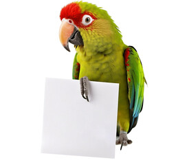 Parrot holding blank paper sign, no background/transparent background