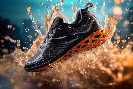 Running shoe splashing through the water. Beautiful illustration picture. Generative AI