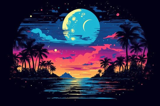 Fantastic sky with moon over river and palm trees. Beautiful illustration picture. Generative AI