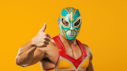 Portrait of a Lucha Libre wrestling mask superhero  on a yellow background. Generative AI. - obrazy, fototapety, plakaty