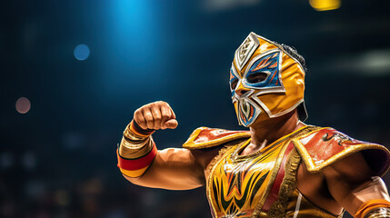 Lucha Libre wrestling mask man in traditional costume fighting pose, close-up. Generative AI. - obrazy, fototapety, plakaty