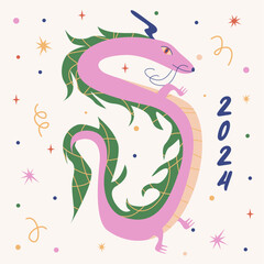 Symbol of Happy Chinese New Year 2024 Dragon. Colorful abstract modern postcard, poster, greeting card. Zodiac sign, year of the Green Wooden Dragon. Stock vector illustration

