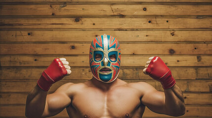 Boxer with Lucha Libre wrestling mask  and boxing gloves on a wooden wall background. Generative AI. - obrazy, fototapety, plakaty