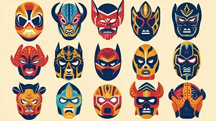 Runde Alu-Dibond Bilder Schädel Tribal Lucha Libre wrestling mask set. Vector illustration of a set of tribal masks. Generative AI.
