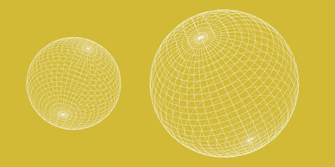 3D wireframe globe or sphere on yellow background, visualization of geography or navigation concept with latitude and longitude coordinates