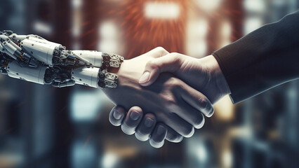 Human and robot shake hands, bridging the gap between humans and technology, symbolizing a harmonious relationship of collaboration and progress. Created with Generative AI.