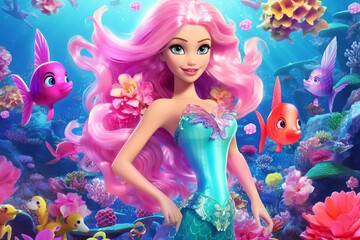 Obraz na płótnie Canvas Vibrant doll is underwater. Beautiful illustration picture. Generative AI