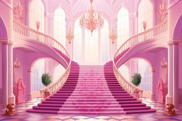 Dreamy pink and cartoon style castle in vector. Beautiful illustration picture. Generative AI - obrazy, fototapety, plakaty