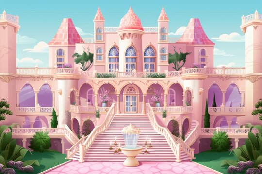 Dreamy pink and cartoon style castle in vector. Beautiful illustration picture. Generative AI