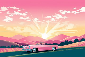 Fototapeta na wymiar Pink car is outdoors, cartoon style landscape. Beautiful illustration picture. Generative AI