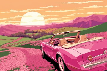 Pink car is outdoors, cartoon style landscape. Beautiful illustration picture. Generative AI
