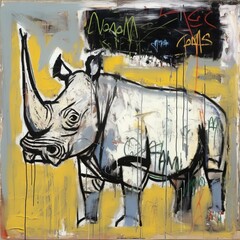 White rhino art on a wall. Beautiful illustration picture. Generative AI