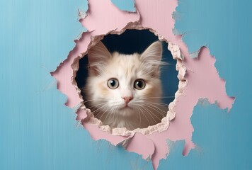 Illustration of a curious cat peering through a hole in a coloured wall created with Generative AI technology - obrazy, fototapety, plakaty