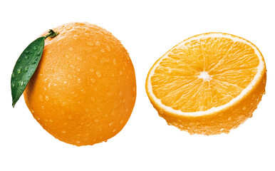 fruta laranja inteira com folhas e laranja cortada isolado em fundo transparente - laranjas frescas molhadas  - obrazy, fototapety, plakaty