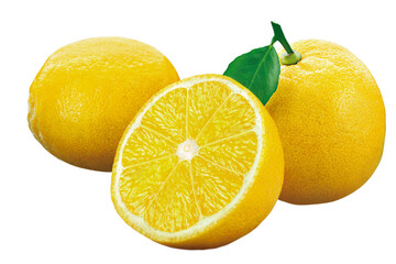 Fototapeta na wymiar grupo de limão siciliano inteiro com folha e limão siciliano cortado isolado em fundo transparente