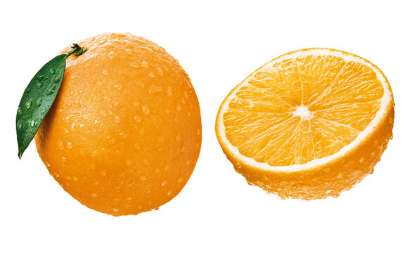 fruta laranja inteira com folhas e laranja cortada isolado em fundo transparente - laranjas frescas molhadas 