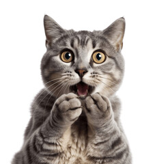 Surprised cat covering its mouth with paws, no background/transparent background - obrazy, fototapety, plakaty