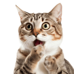 Surprised cat covering its mouth with paws, no background/transparent background