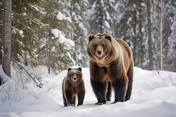 Obraz premium Brown Bear and Cubs Navigating Snowy Forest - AI Generative